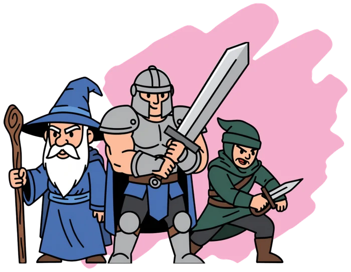 A wizard, a knight and a rogue standing together as an adventuring party