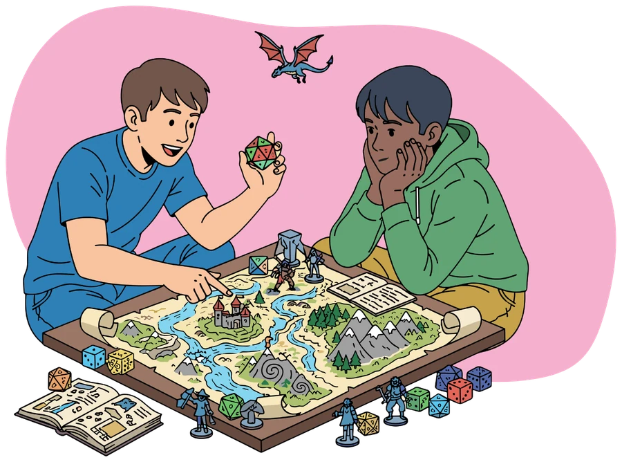 Two kids leaning over a fantasy map with dice and miniatures while a small dragon flies above