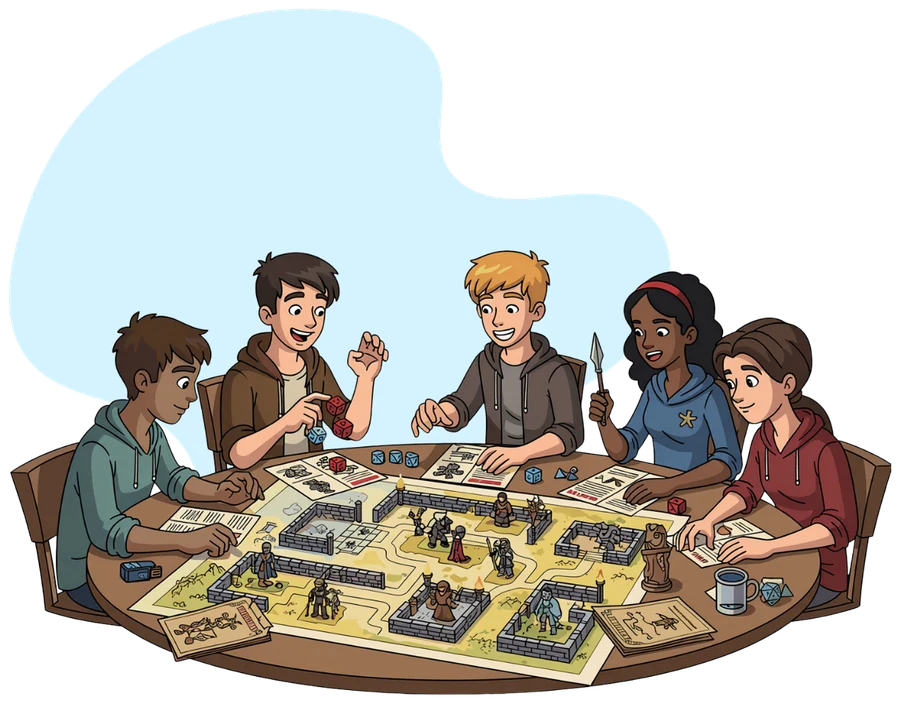 Five teens of different genders and skin tones playing a tabletop game around a table with a dungeon map